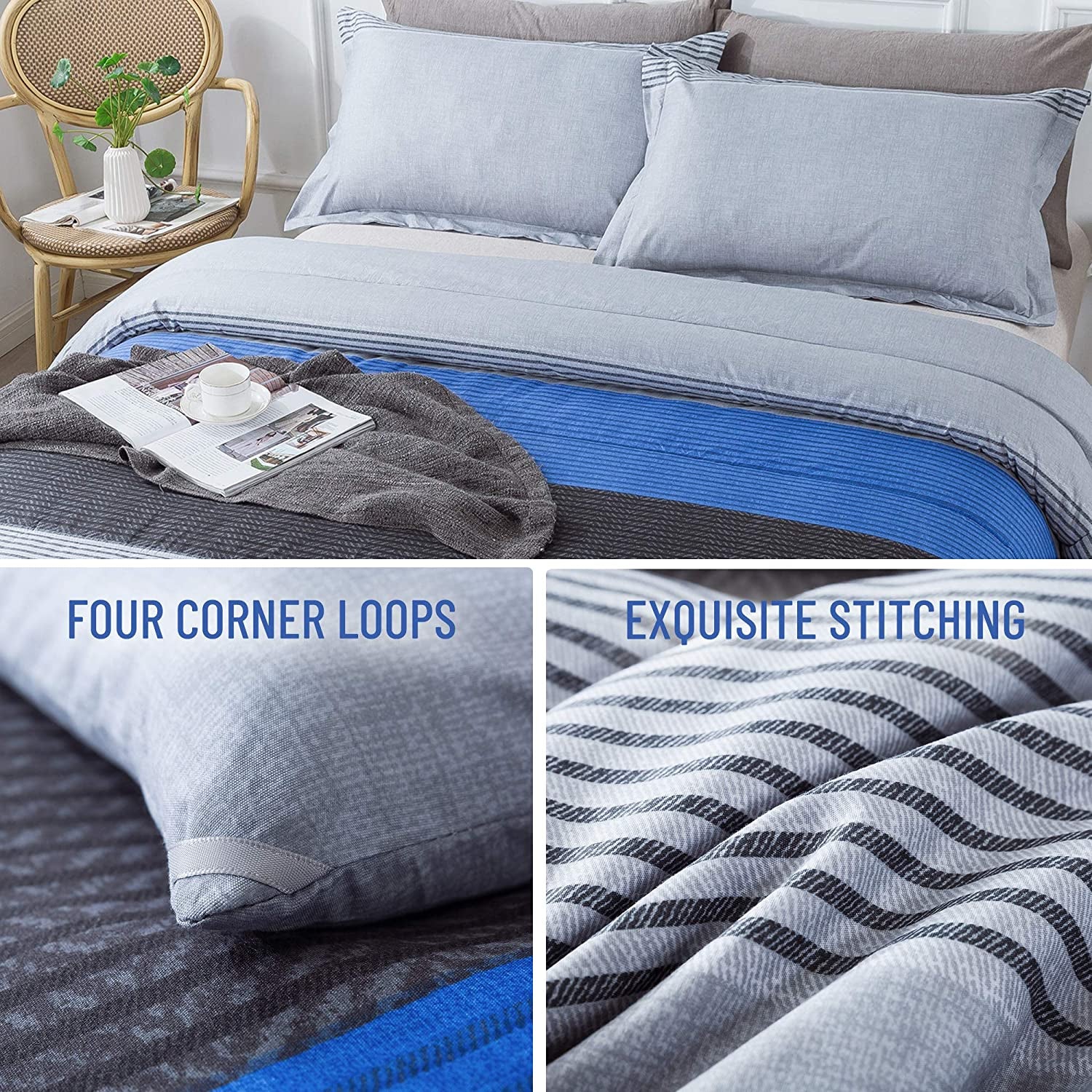 Stripe Blue Comforter Set King Size, 3 Pieces Gray and Blue Patchwork Striped Comforter(104X90 Inch), Soft Microfiber down Alternative Comforter Bedding Set with Corner Loops