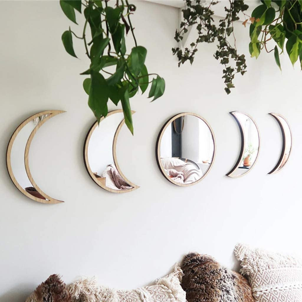 5 Pieces Moon Phase Mirror Wall Decoration - Acrylic, Not Real Mirror (Beige)