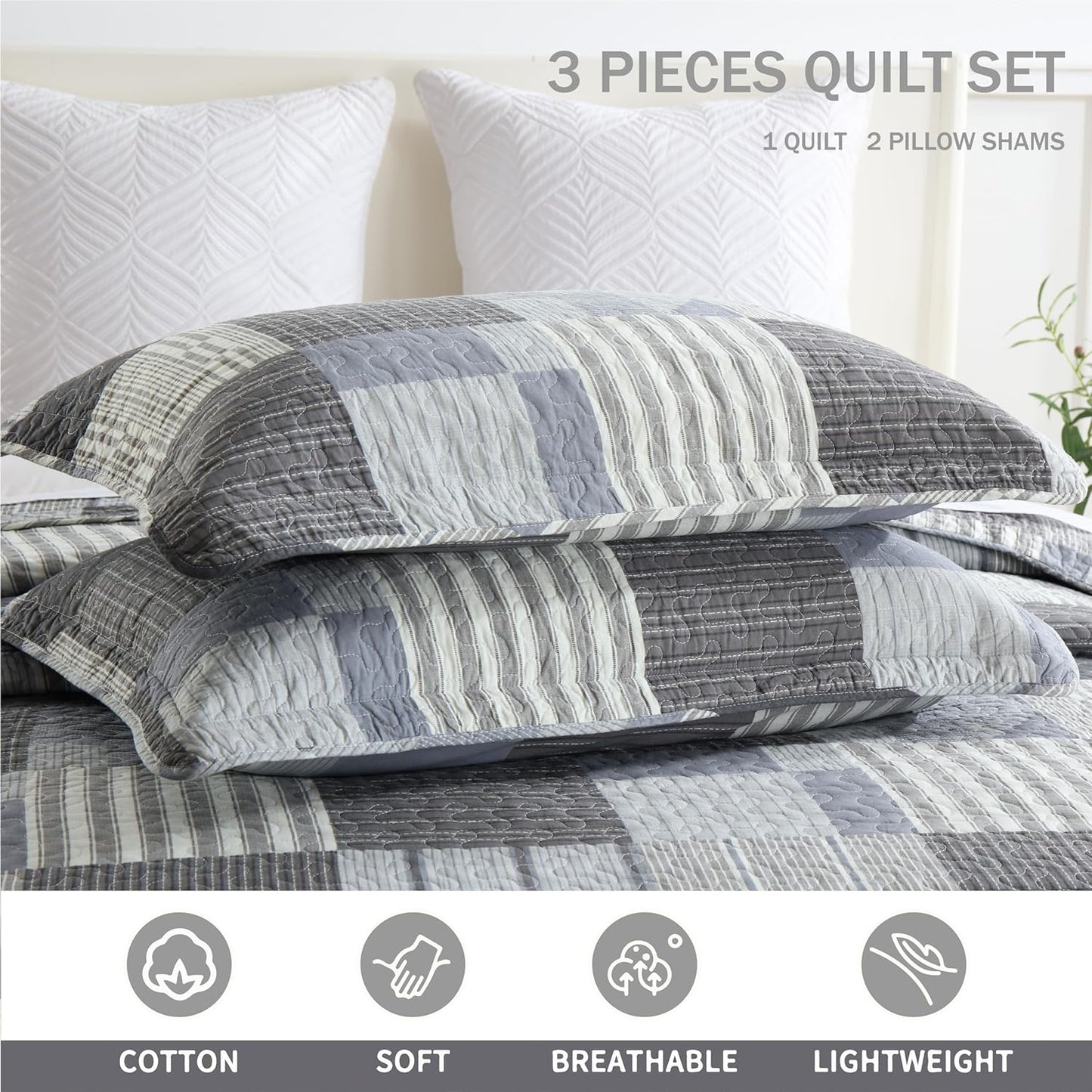 Queen Quilt Bedding Set, Grey Cotton Quilt Plaid Bedding Set, Gray Striped Quilts Queen Size,Country Quilted Bedspread Set, Lightweight Breathable Comforter Set All-Season