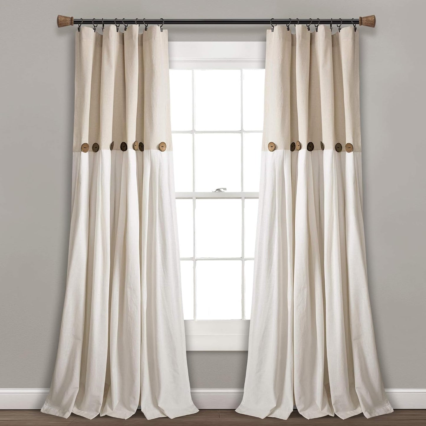 Linen Button Farmhouse Curtains, Single Panel, Pleated Two Tone Design 40"W X 95"L, Linen