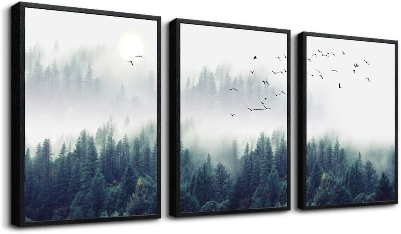 3 Piece Black Framed Wall Art Foggy Forest Trees 12"X16" 3