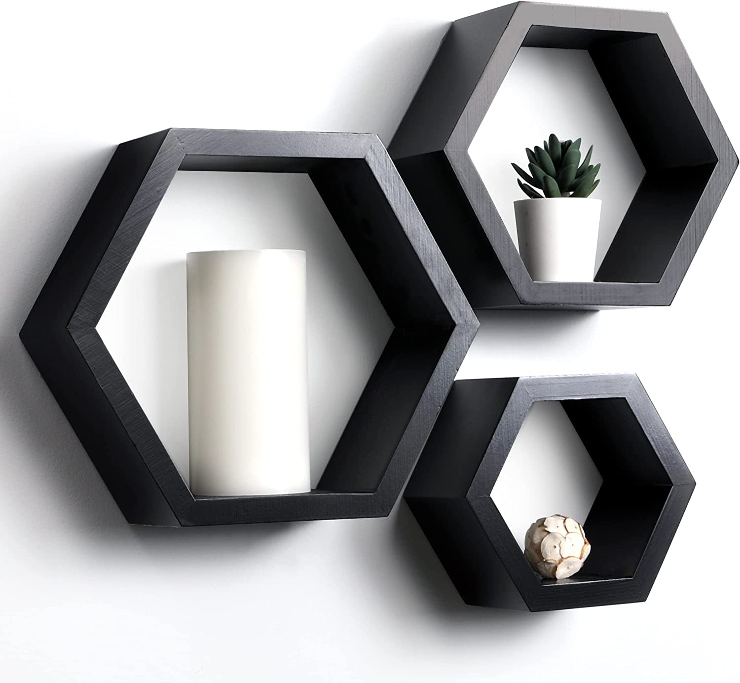 Set of 3 Pine Wood Hexagon Shelves for Wall Decor