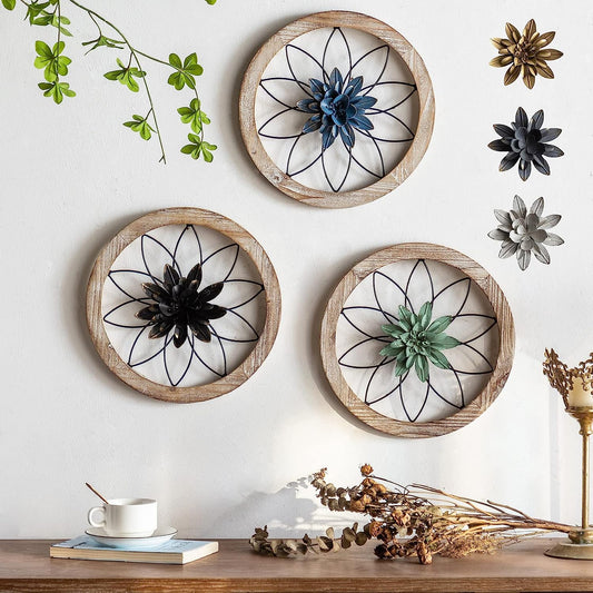 3 Piece round Farmhouse Wall Decor with 6 Piece Interchangeable Flowers 12''