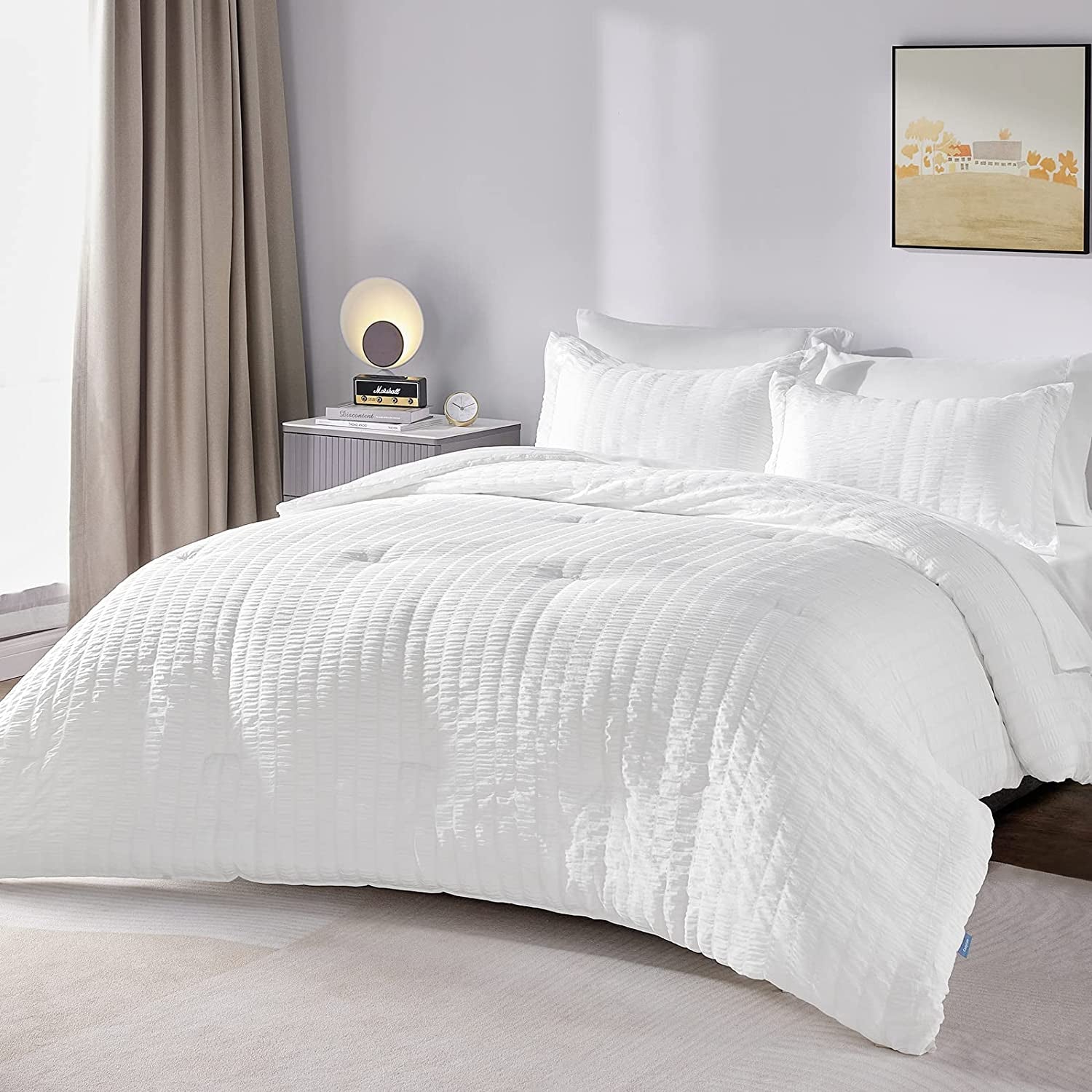 Queen Bed in a Bag White Seersucker Comforter Set with Sheets 7-Pieces All Season Bedding Sets with Comforter, Pillow Sham, Flat Sheet, Fitted Sheet and Pillowcase