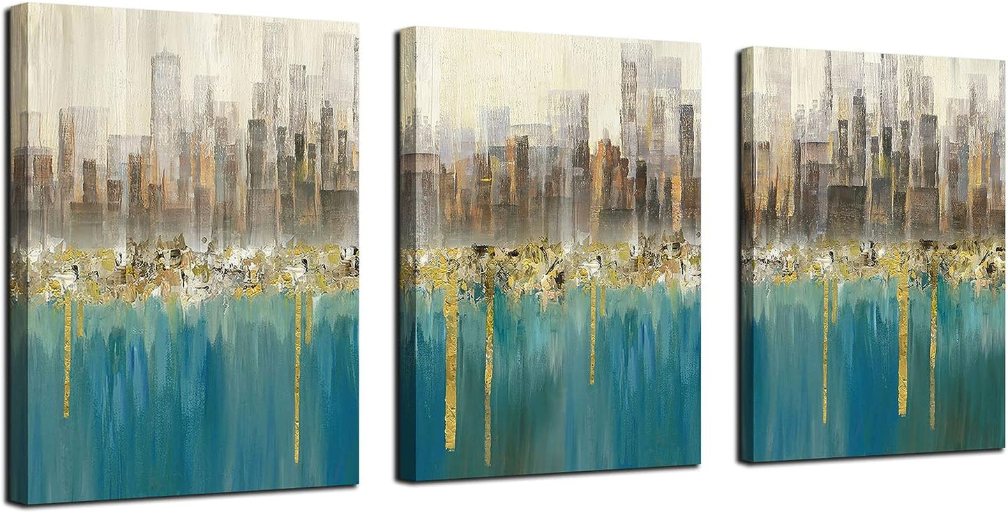 Teal Wall Art Modern Abstract Pictures Cityscape, Set 12"X16"X3 Panels