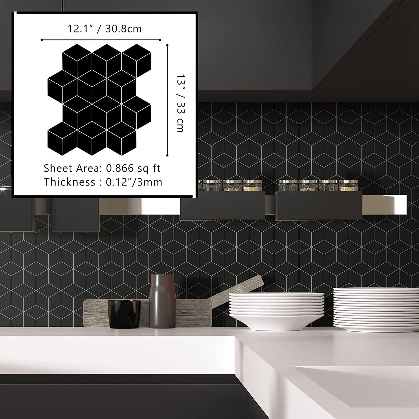 Rhombus Backsplash Tile for Kitchen Peel and Stick, Stone Composite Self Adhesive Tiles, 3D, 12 X 13 Inch 10 Sheets Black