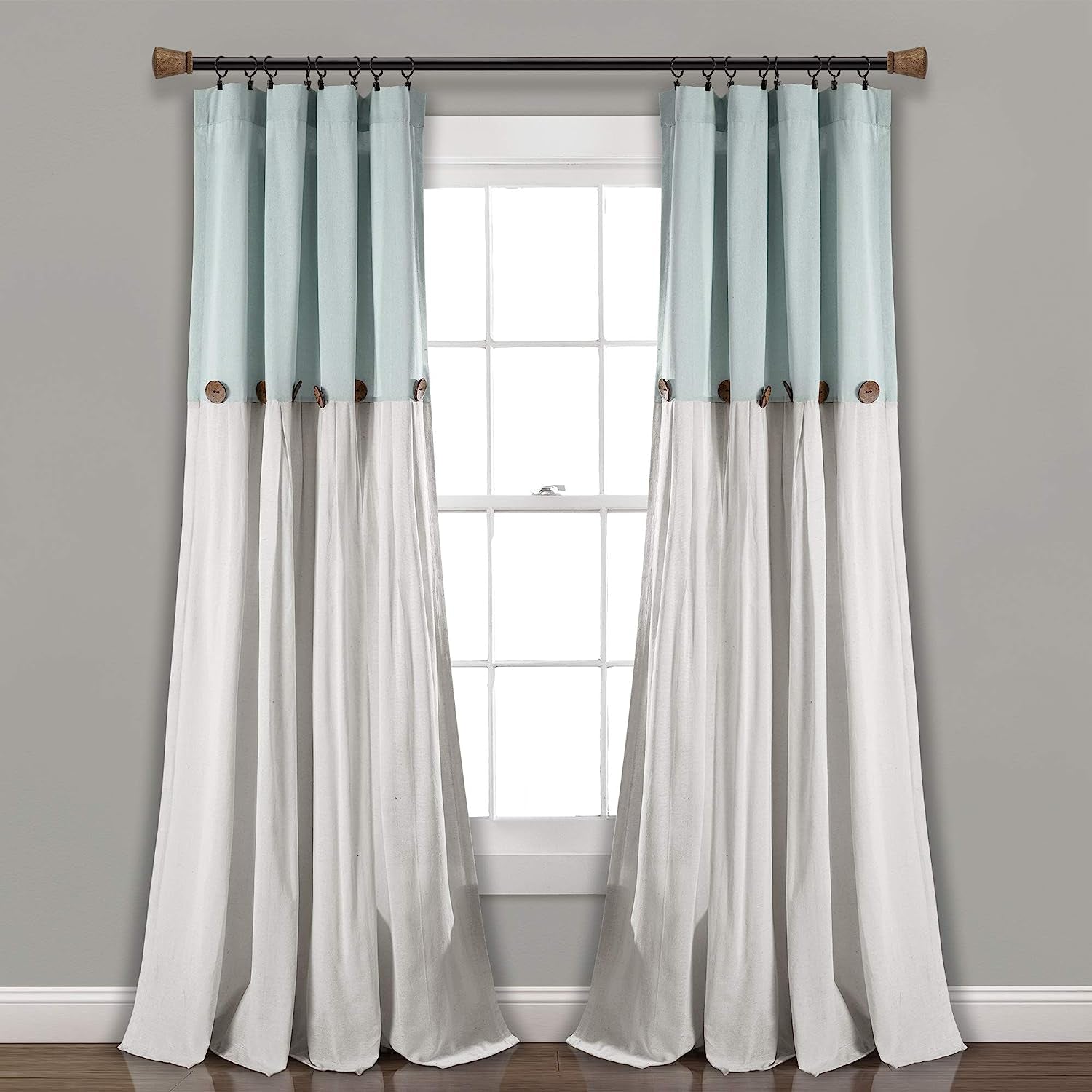 Linen Button Farmhouse Curtains, Single Panel, Pleated Two Tone Design 40"W X 84"L, Blue & Off-White