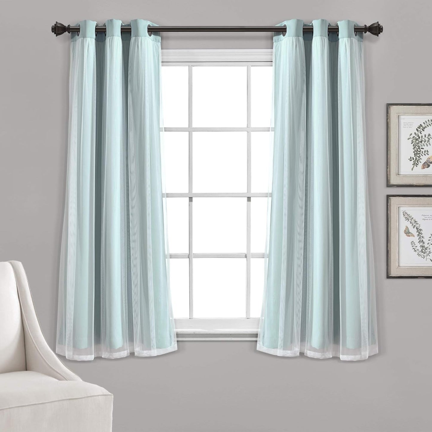 Sheer Grommet Curtains with Insulated Blackout Lining, Window Curtain Panels, Pair, 38"W X 63"L, Blue- Curtain with Sheer Overlay, Elegant Blackout Curtains for Bedroom