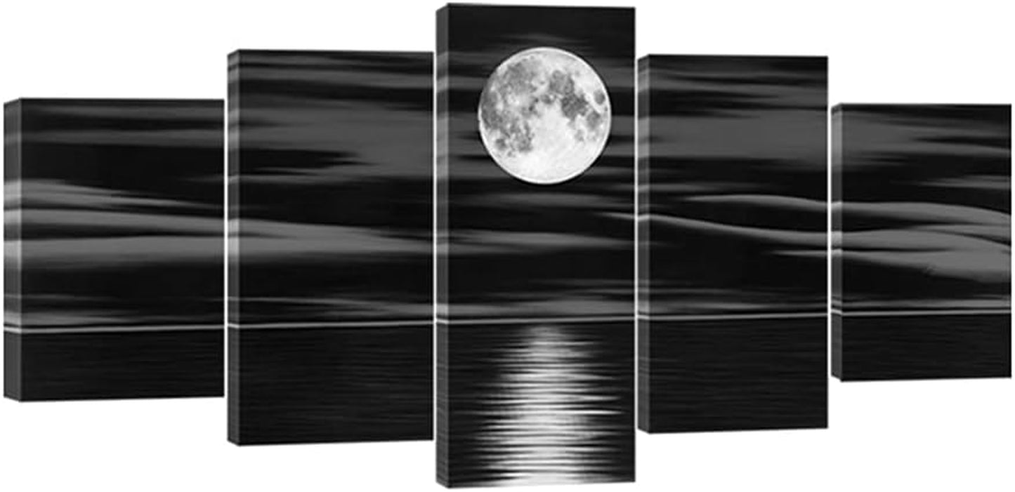 Sea White Full Moon in Night Canvas Print Black and White Ocean Beach 5 Piece