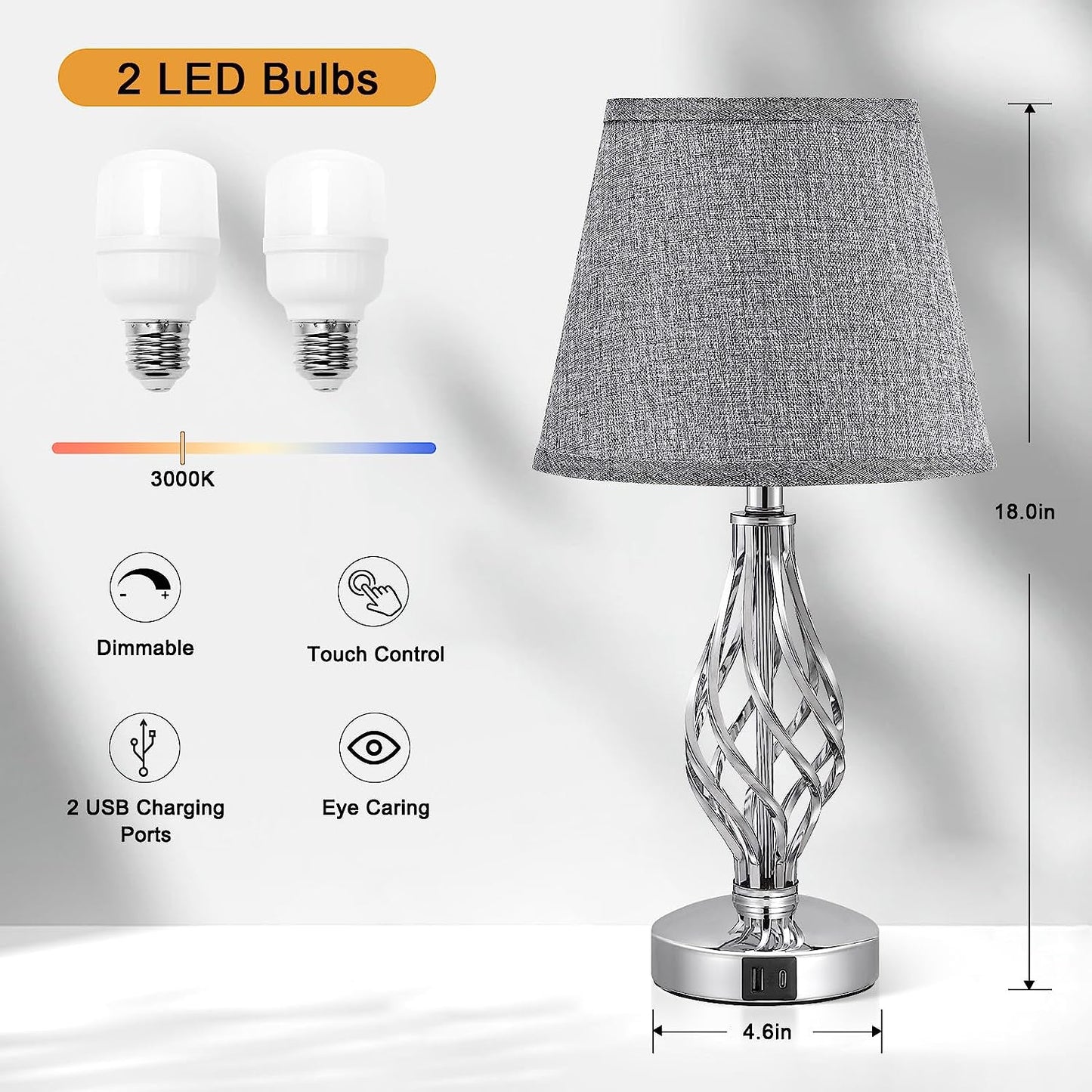 Touch Table Lamps Set of 2, with USB Ports, Bedside Lamps with Spiral Cage Base Design