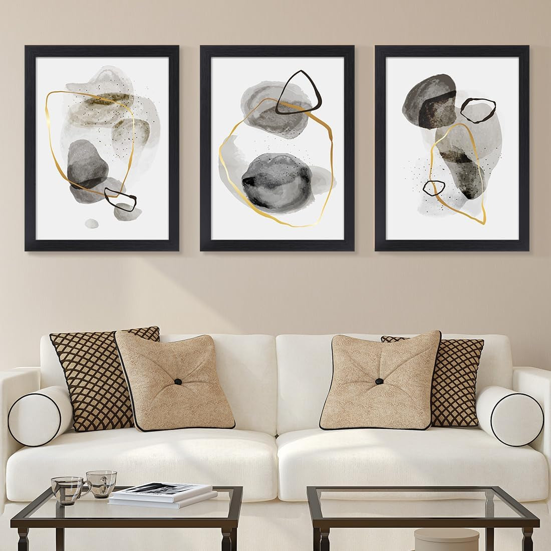 Boho Abstract Wall Art 3 Piece Grey and Gold Stone Picture Paintings Framed Artwork 12X16Inch