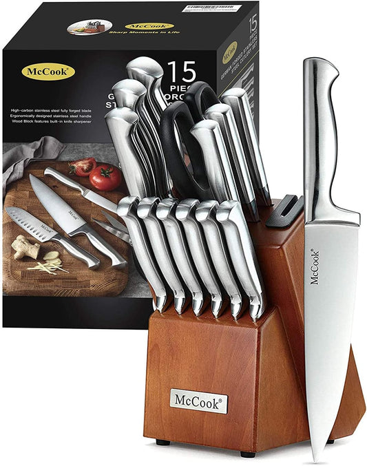 Knife Sets, German Stainless Steel Kitchen Knife Block Sets with Built-In Sharpener