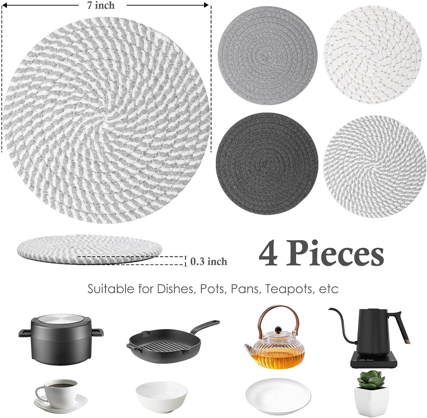 7" Trivets for Hot Dishes, Hot Pots and Pans, 4 Heat Resistant Hot Pads, Pot Holders for Kitchen, Hot Plate Mats for Kitchen Countertops, Table, Home Essentials for New Home and Farmhouse Decor