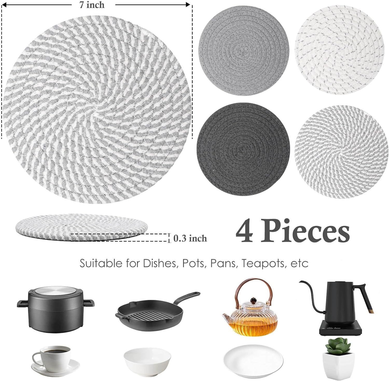 7" Trivets for Hot Dishes, Hot Pots and Pans, 4 Heat Resistant Hot Pads, Pot Holders for Kitchen, Hot Plate Mats for Kitchen Countertops, Table, Home Essentials for New Home and Farmhouse Decor