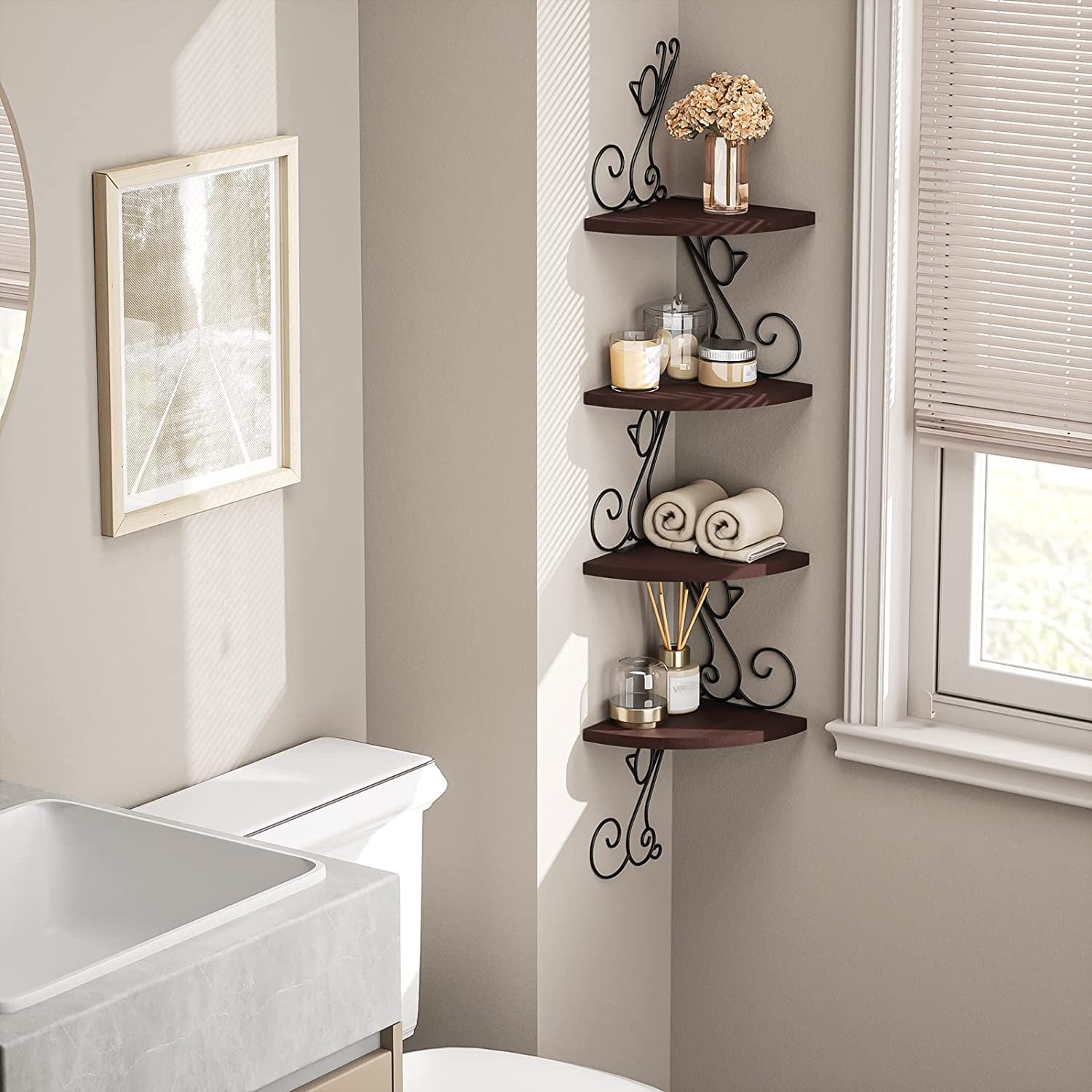 Corner Shelf Wall Mount, 4 Tier Floating Shelves for Wall, Easy-To-Assemble, Walnut Finish