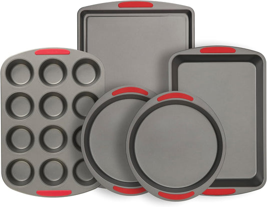 Mega Grip 5-Piece Nonstick Steel Bakeware Set with Cookie Sheet, Roast Pan, 2 Cake Pans, and Muffin Pan, Gray (4251)