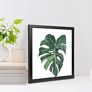 4 Panels Black Wood Frame Set/ Green Leaf Tropical Plant  