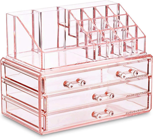 Pink Jewelry & Cosmetic Storage Display Boxes Two Pieces Set, Organizer Makeup Holder, for Vanity