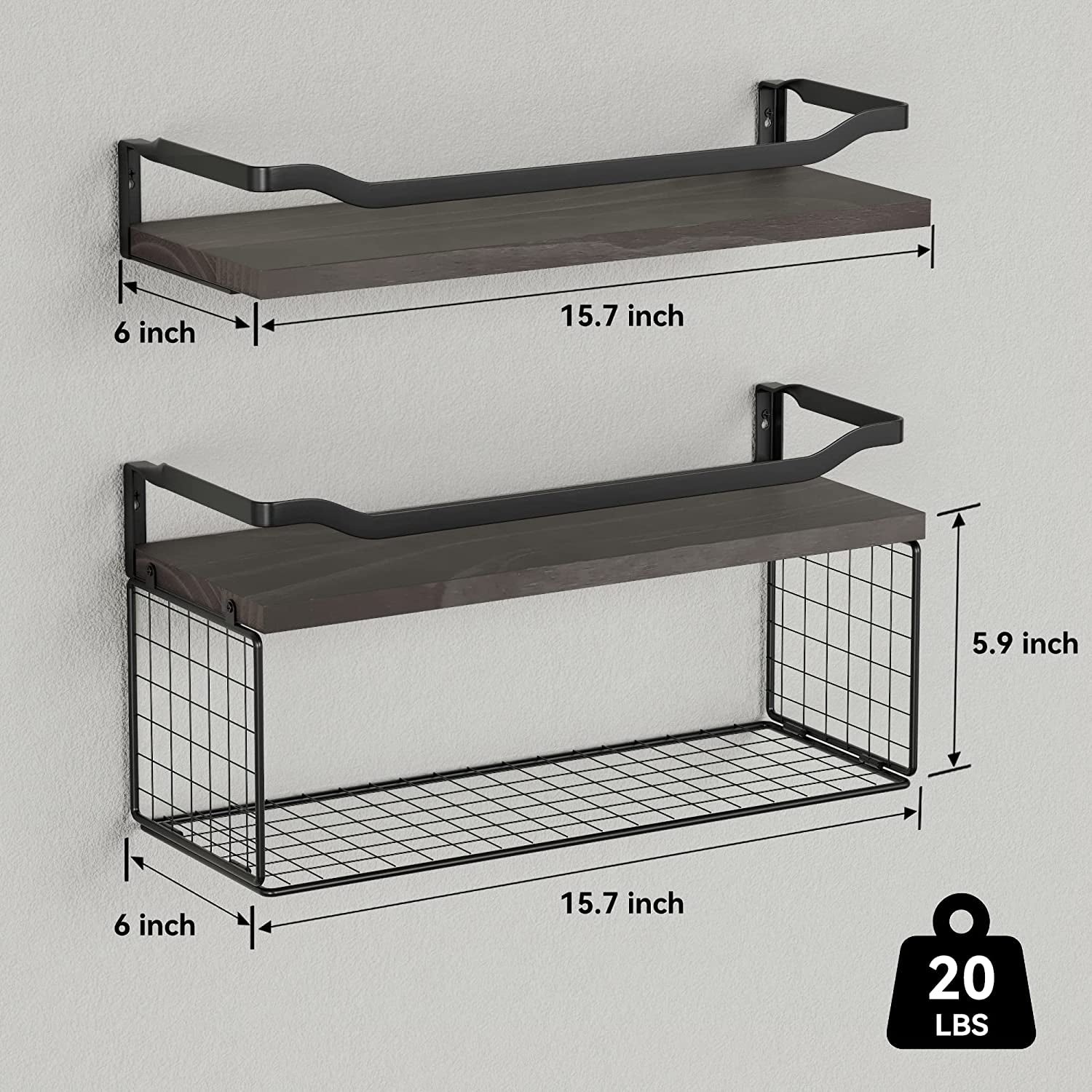 Floating Shelves with Wire Storage Basket- Black Walnut