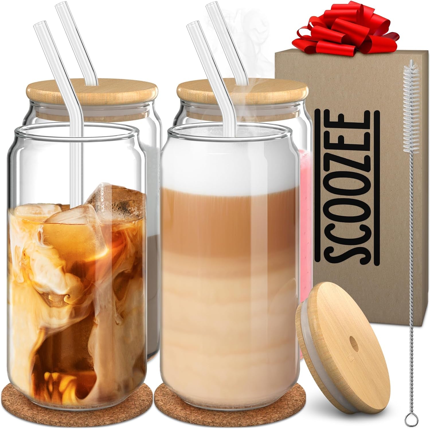 Glass Cups with Bamboo Lids and Straws (18Oz, Set of 4) Iced Coffee Cup for Ice Coffee Bar Accessories | Aesthetic Cute Drinking Glasses for Home Essentials Housewarming Gift