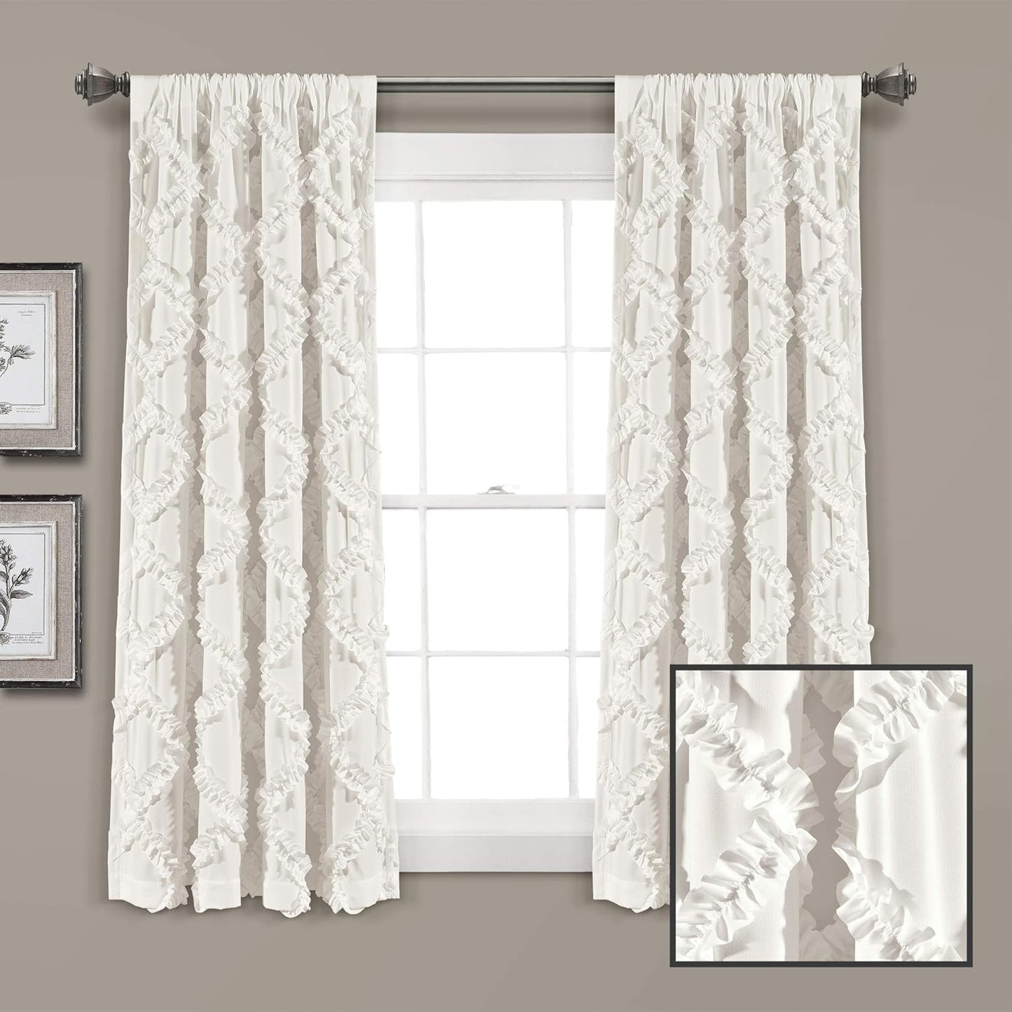 Ruffle Diamond Window Curtain Panel Pair, 63 in X 54 In, White