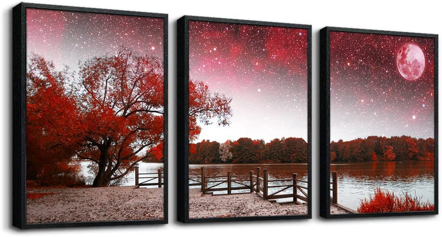 Black Framed Wall Art Red Tree Scenery Wall Pictures Set of 3 Piece Framed 12"X16"