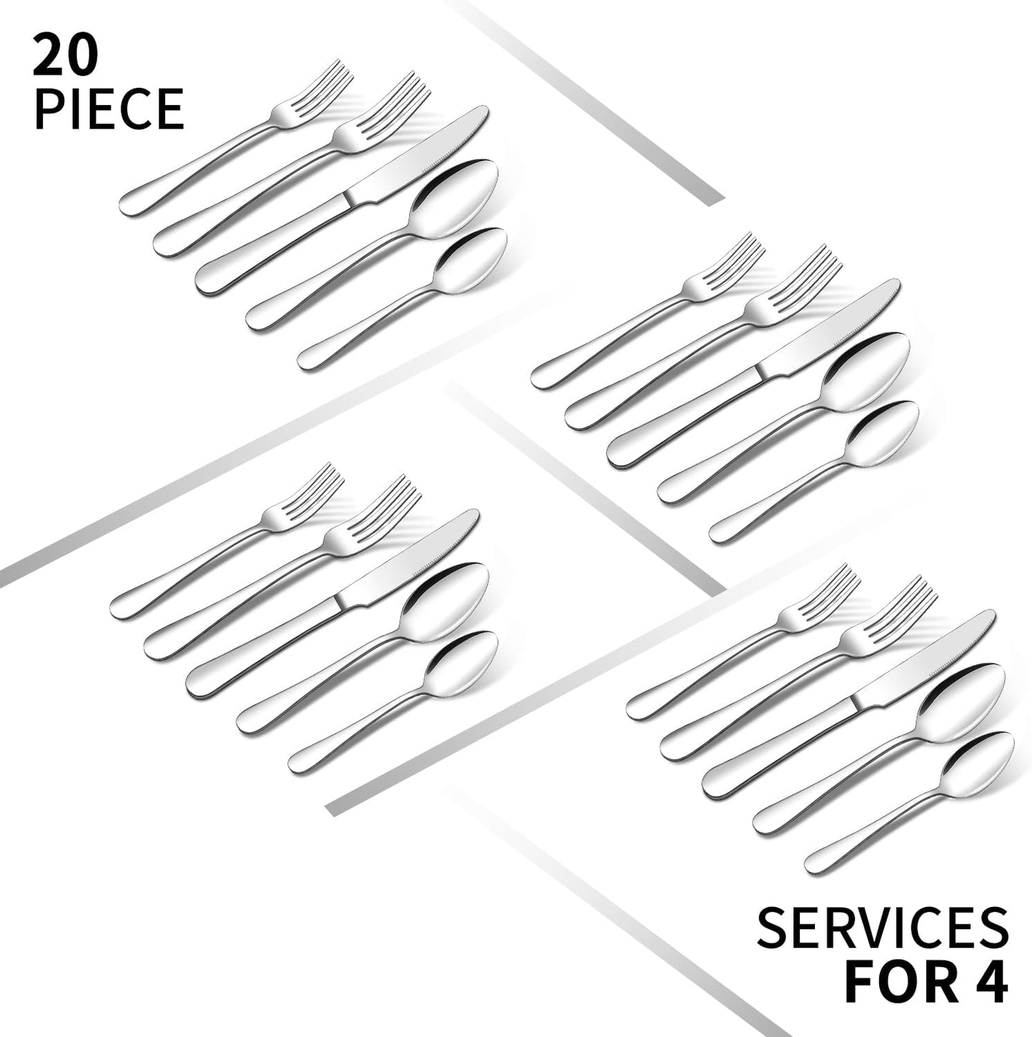 20 Piece Silverware Set,  Stainless Steel Flatware Cutlery Set, Kitchen Utensil Set Service for 4, Include Knife Fork Spoon, Mirror Polished, Dishwasher Safe
