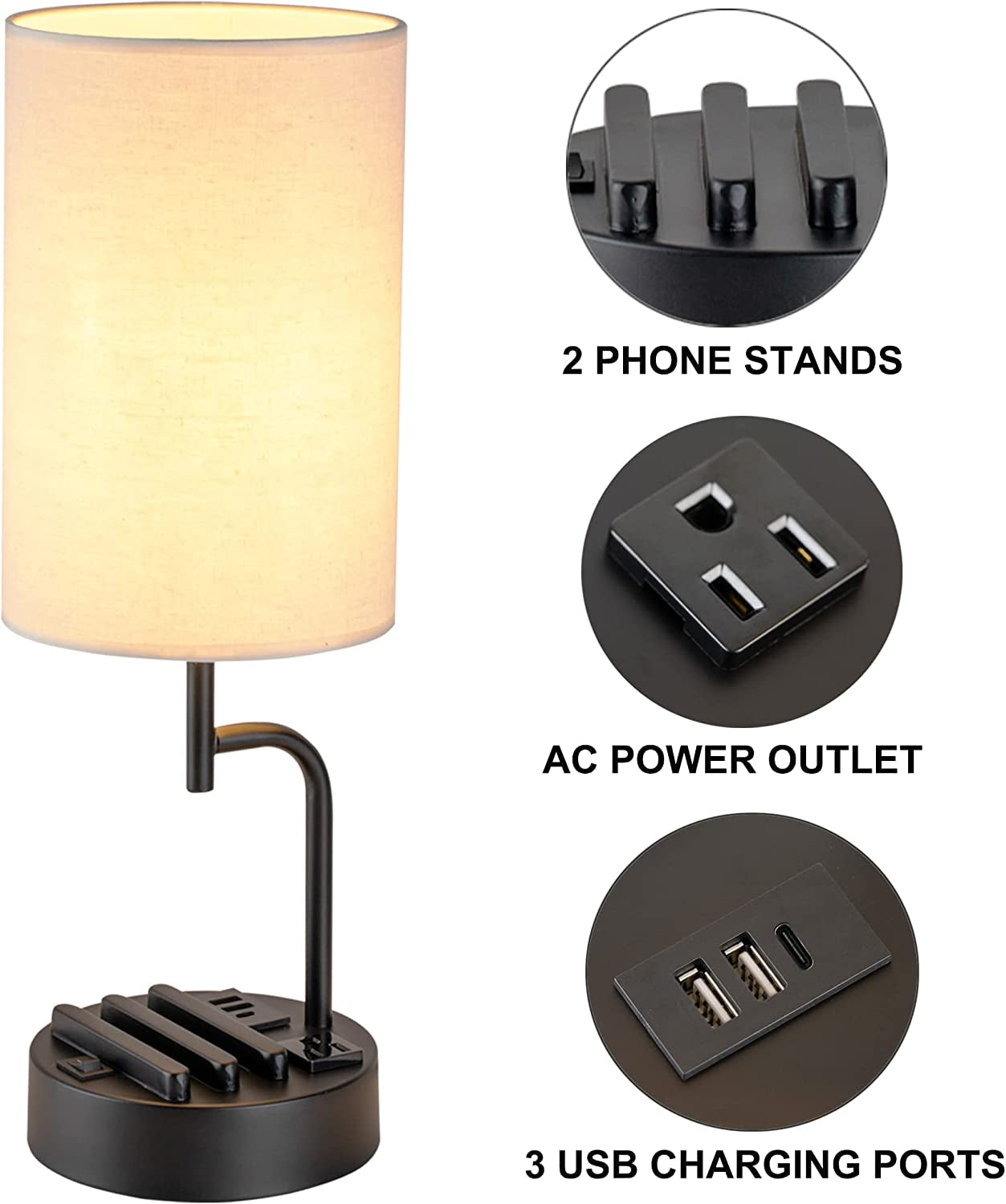 Table Lamp with 3 USB Charging Ports, Modern with AC Outlet and Phone Stands, Cream