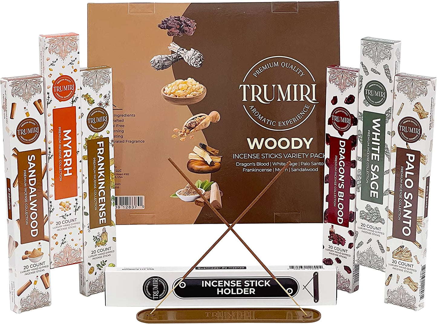 Woody Incense Sticks Variety Pack - 120 Insence-Sticks (6 Incents X 20 Insenses) - White Sage, Palo Santo, Dragons Blood, Sandalwood - Natural Incense Set Inciensos with Stick Incense Holder