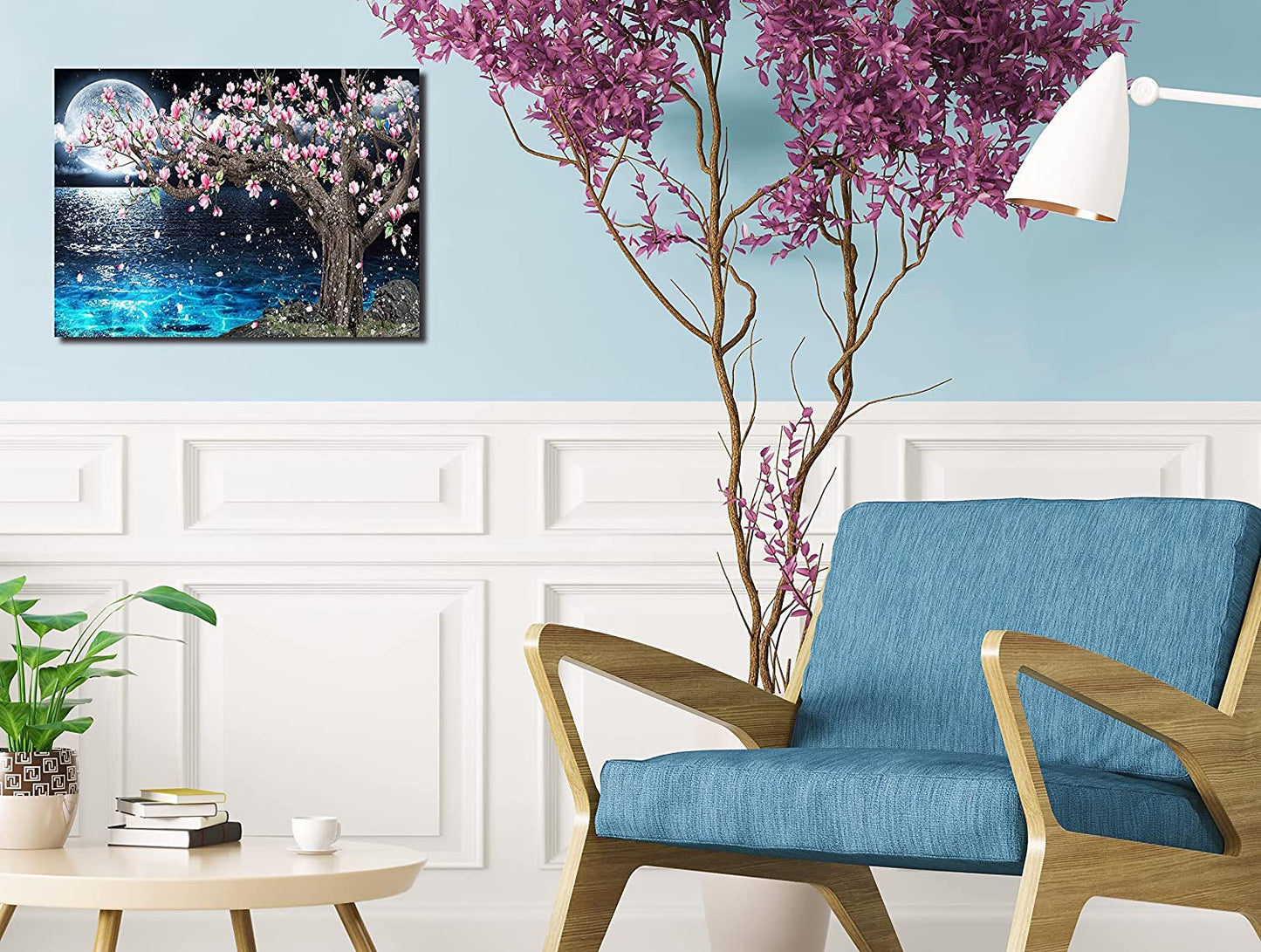 Magnolia Tree Wall-Art - Pink and Blue - Moon Framed Canvas Art Picture 16" X 12"