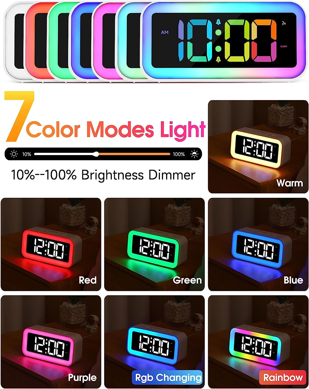 Loud Alarm Clock for Bedrooms with Dynamic RGB Night Light,Heavy Sleepers Adults,Dual Alarm,Dimmer,Usb Charger,Small Bedside Digital Clock with Led Display for Kids,Teens,Seniors (White)