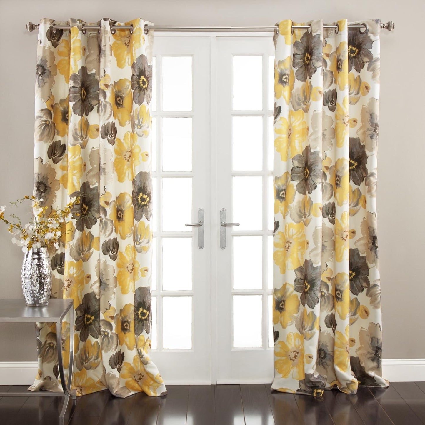 Leah Light Filtering Window Curtain Panel Pair Floral Insulated Grommet, 52"W X 95"L, Yellow and Gray