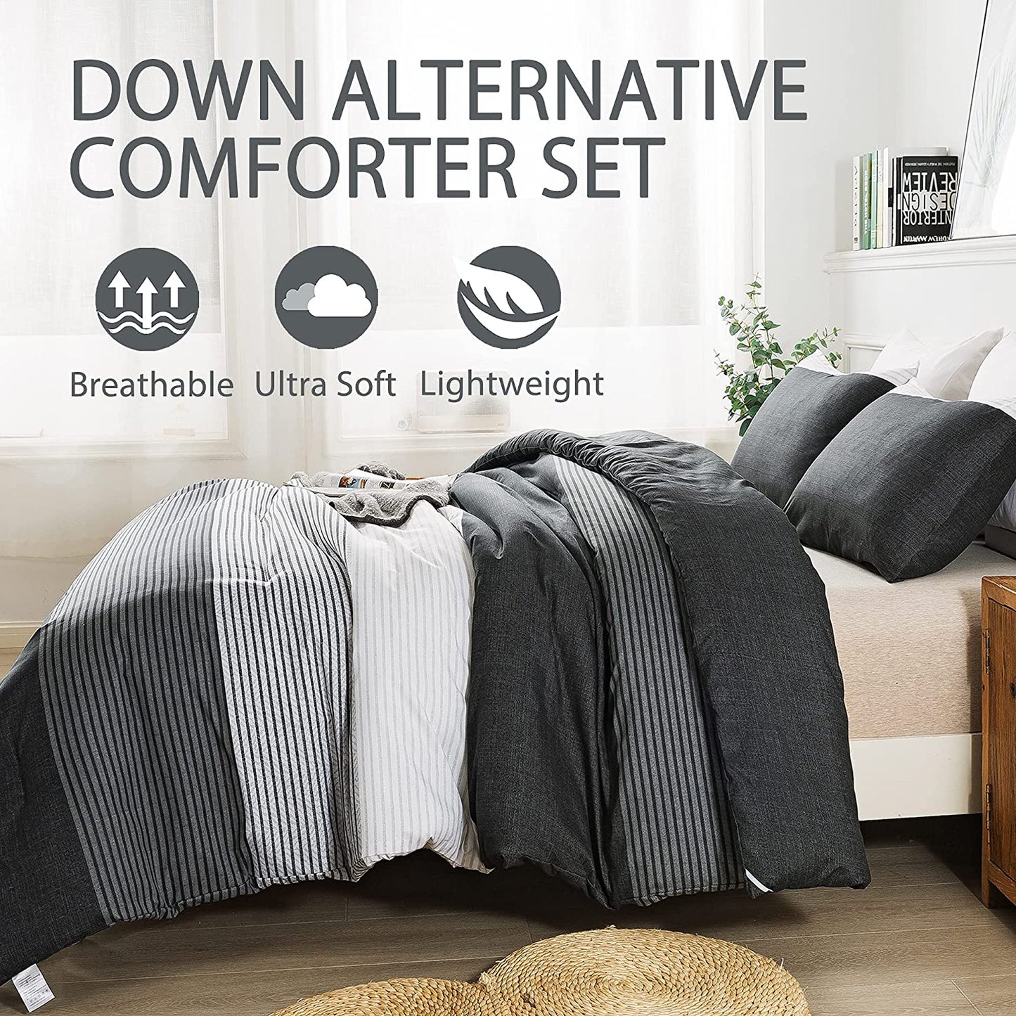 Black Comforter King Size, 3 Pieces Black White Gray Patchwork Striped Comforter (104X90 Inch), Soft Microfiber down Alternative King Comforter Bedding Sets with Corner Loops