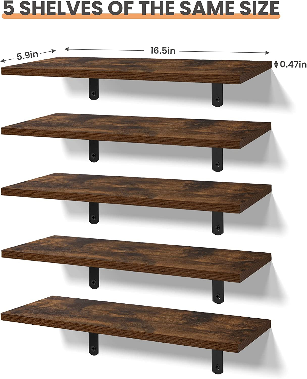  Wall Mounted Shelves Set of 5, Sturdy Small Wood Shelves with Metal Brackets Dark Brown