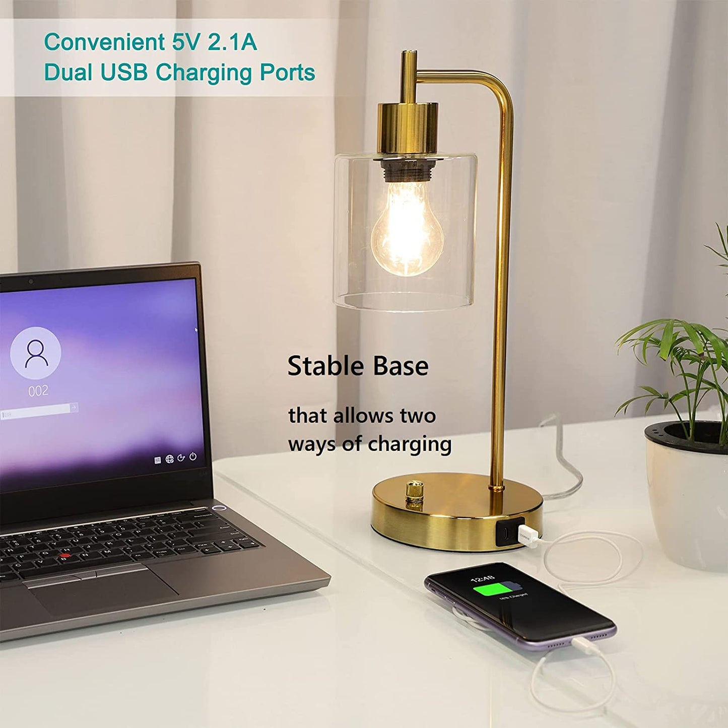 Gold Industrial Table Lamp with 2 USB Ports,with E26 Bulb