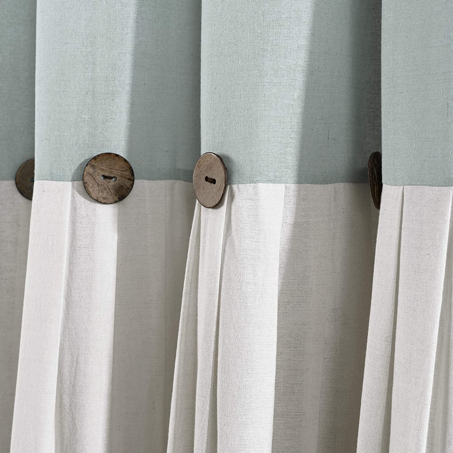 Linen Button Farmhouse Curtains, Single Panel, Pleated Two Tone Design 40"W X 84"L, Blue & Off-White
