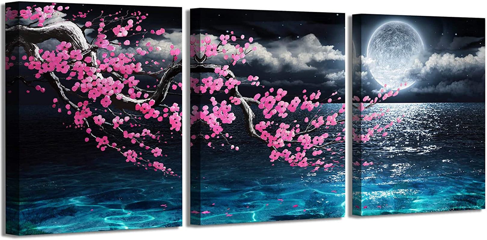 Plum Blossom Moon Ocean Art Prints Wall Decor 3 Pieces Size 12X16 Each Panel