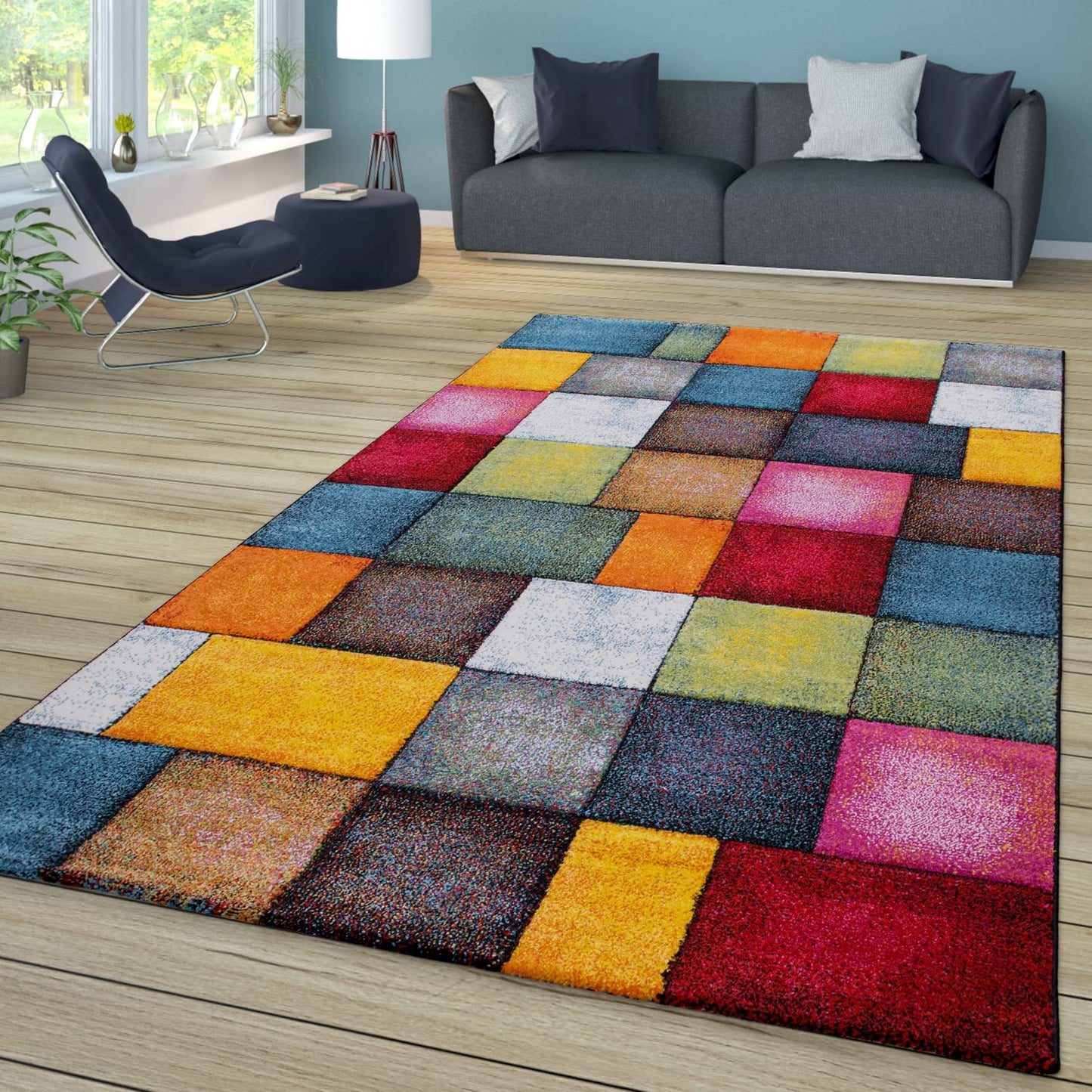 Living Room Rug Check Design with Squares Multicolor