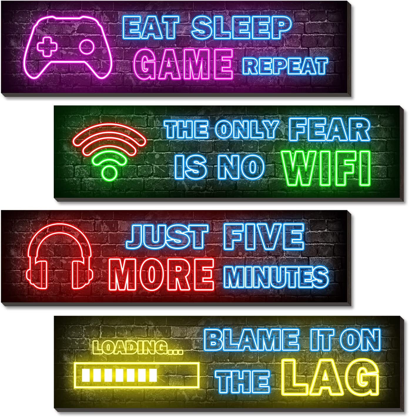 4 Pcs Printed Neon Gaming Posters, Teen Boys Room Decorations, Gamer Wall Art Decor for Bedroom Wooden