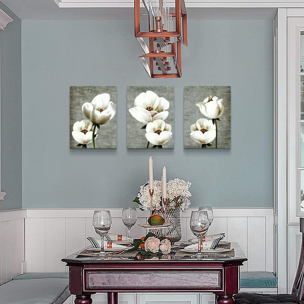 Wall Decor Canvas Wall Art Gray Green Vintage Style White Flowers 3 Panels