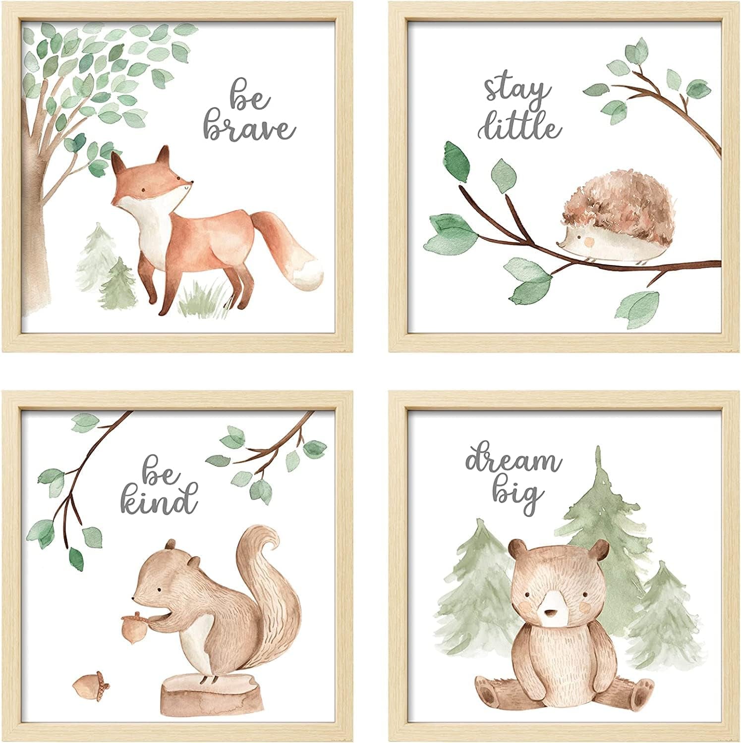 4 Pack Framed Funny Woodland Baby Nursery Wall Art Decor with 10X10 Wood Frames and Cute Safari Animals Prints for Kids Playroom Decoration, Light-Wood