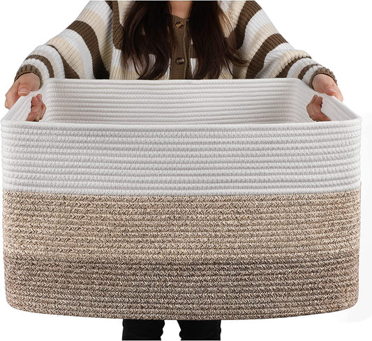 Large Rectangle Blanket Basket, Woven Nursery Cotton Rope Baskets for Storage, Living Room, Toy Organizing with Handle-22”X17”X12”-Gradient Yellow