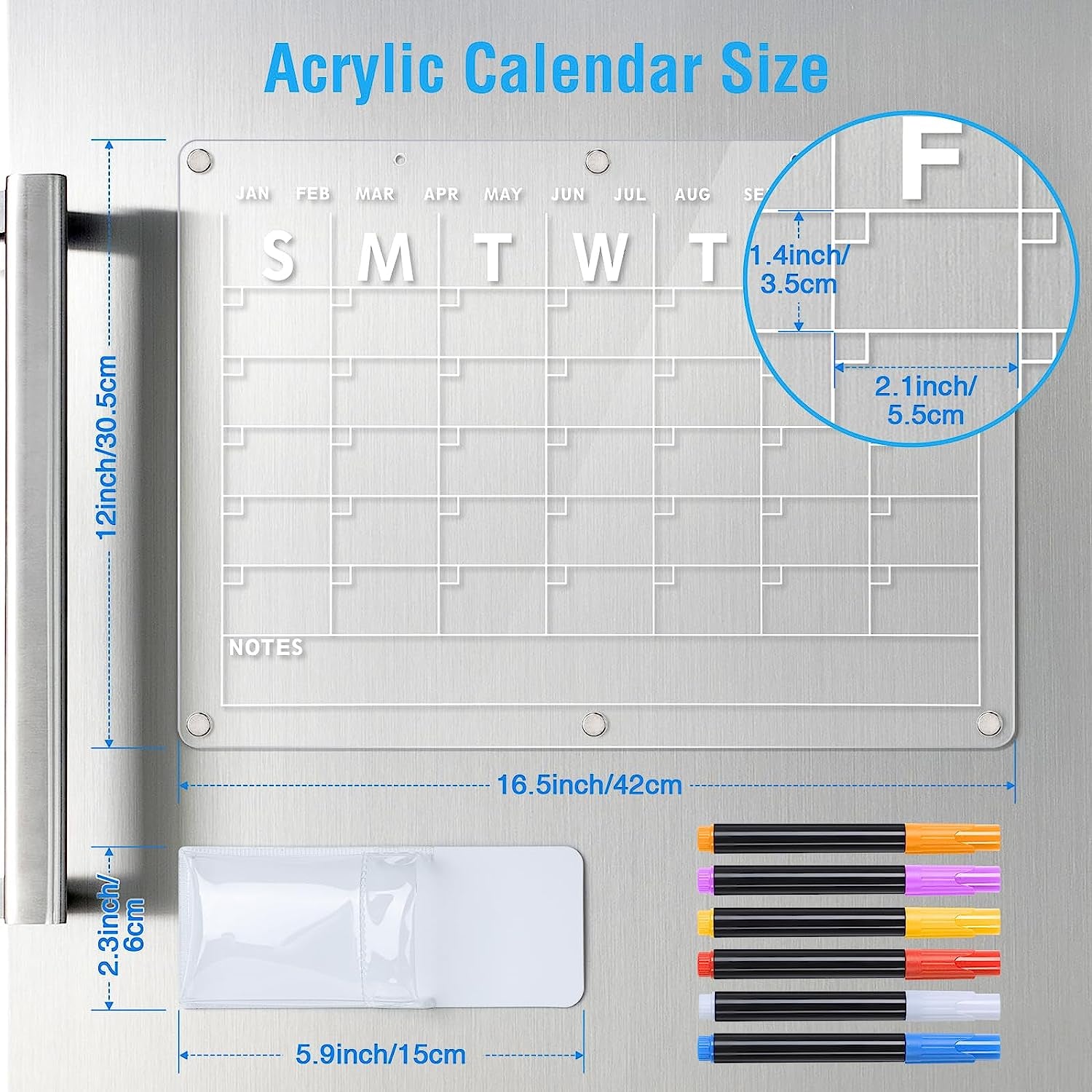 Acrylic Magnetic Dry Erase Board Calendar for Fridge, 16.5"X12" Inch Clear Dry Erase Calendar for Refrigerator, Magnetic Planning Calendar Includes 6 Colors Dry Erase Markers and Magnetic Pen Holder