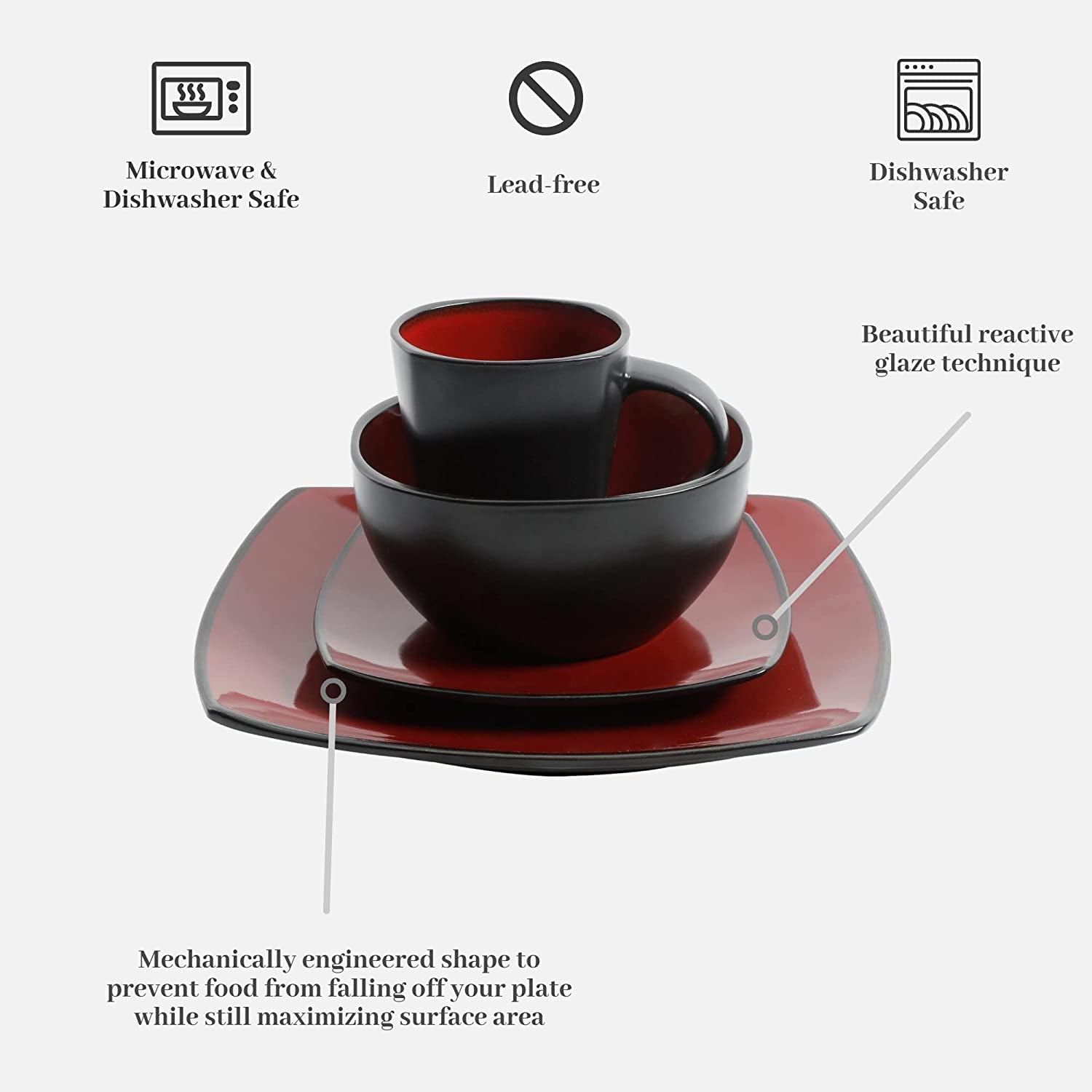Soho Lounge Square Reactive Glaze Dinnerware Set, Red, Service for 4 (16Pcs)