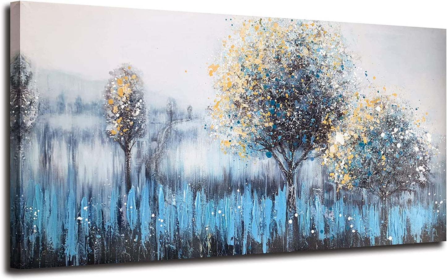 Tree Wall Art Canvas Teal Landscape Painting Blue Forest 40X20"