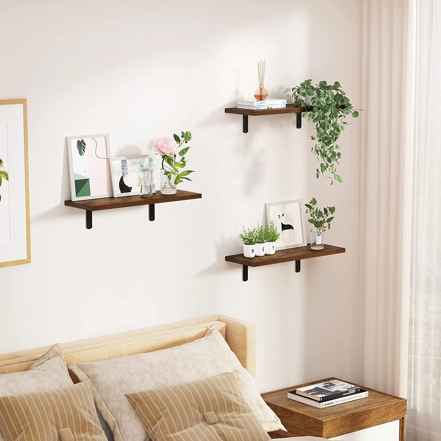  Wall Mounted Shelves Set of 5, Sturdy Small Wood Shelves with Metal Brackets Dark Brown