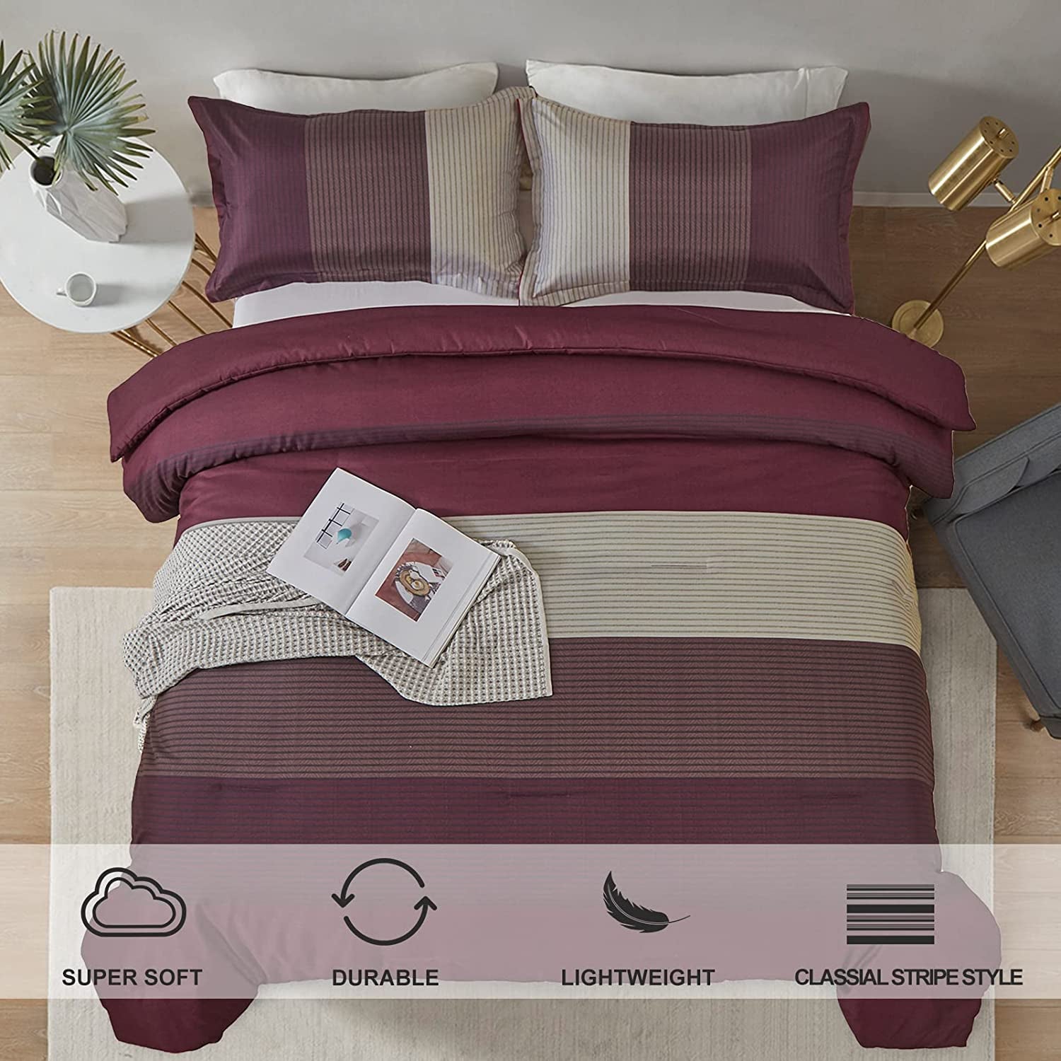Burgundy Comforter Set Queen, Reversible Burgundy Stripe down Alternative Comforter for All Season,3 Pieces(1 Comforter+2 Pillowcases), Soft Microfiber Bedding Duvet Set 90”×90”