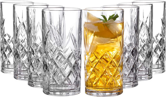 Kinsley Tall Highball Glasses Set of 8, 12 Ounce Cups, Textured Designer Glassware for Drinking Water, Beer, or Soda, Trendy and Elegant Dishware, Dishwasher Safe (Hiball)