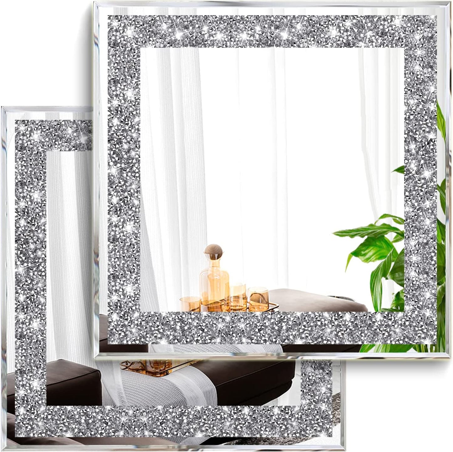 2 Piece Wall Mirrors, Crush Diamond Mirrors Decor, Silver (12”X12”)