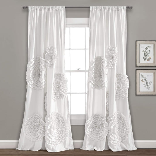 Serena Window Curtain Panel Ruffled Floral Vintage Chic Farmhouse Style Living, Dining Room, Bedroom Décor (Single Panel), 54"W X 95"L, White
